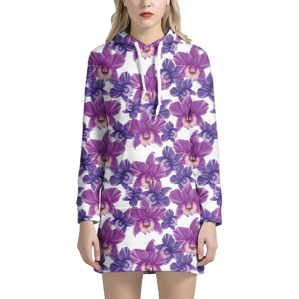 Purple Orchid Flower Pattern Print Hoodie Dress
