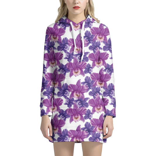 Purple Orchid Flower Pattern Print Hoodie Dress