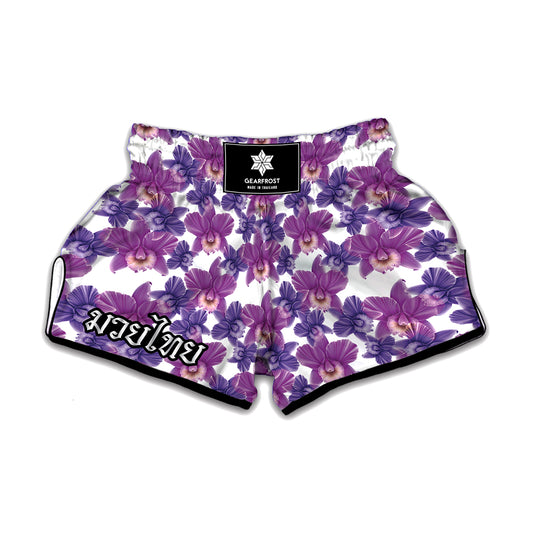 Purple Orchid Flower Pattern Print Muay Thai Boxing Shorts