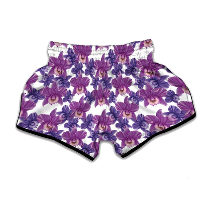 Purple Orchid Flower Pattern Print Muay Thai Boxing Shorts