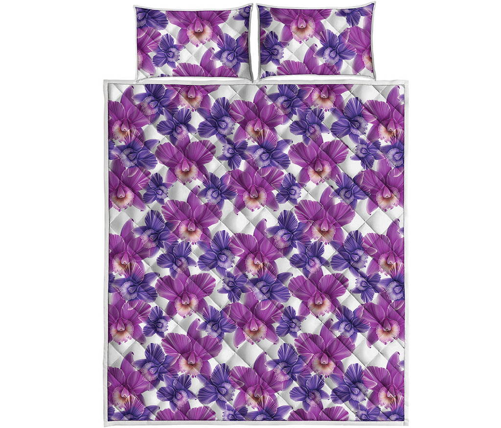 Purple Orchid Flower Pattern Print Quilt Bed Set