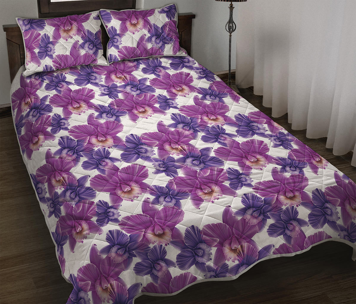 Purple Orchid Flower Pattern Print Quilt Bed Set