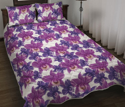 Purple Orchid Flower Pattern Print Quilt Bed Set