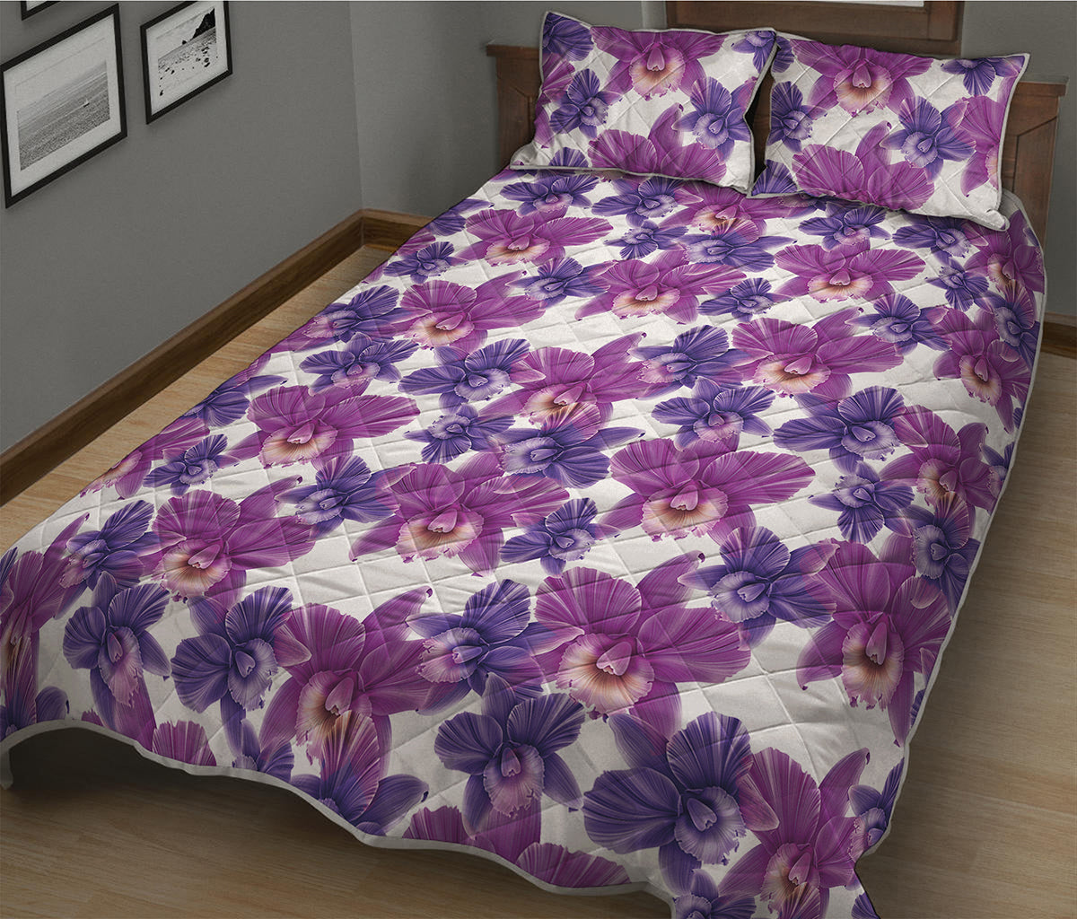 Purple Orchid Flower Pattern Print Quilt Bed Set