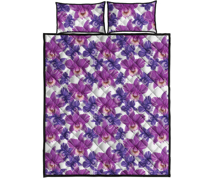 Purple Orchid Flower Pattern Print Quilt Bed Set
