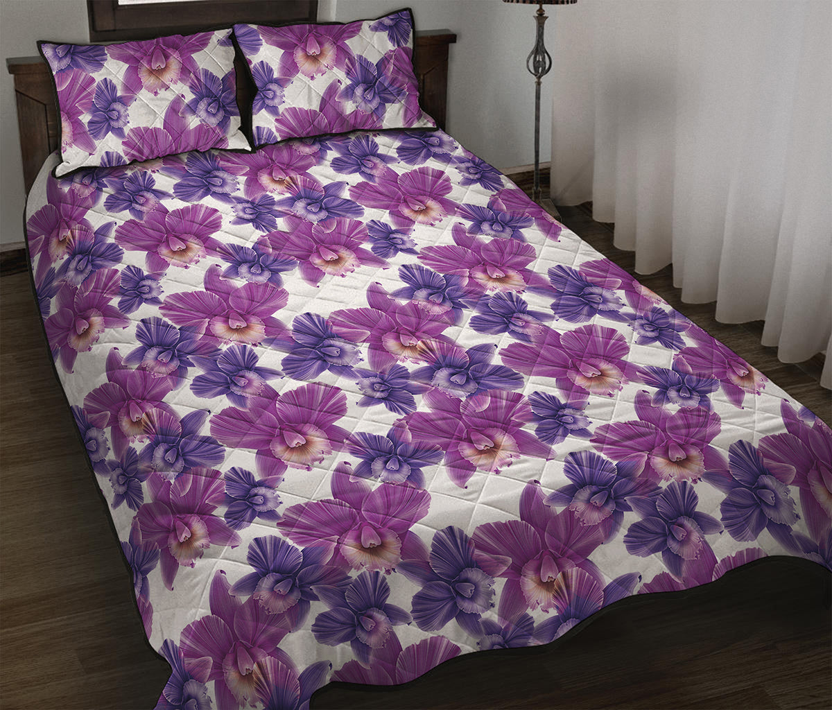 Purple Orchid Flower Pattern Print Quilt Bed Set