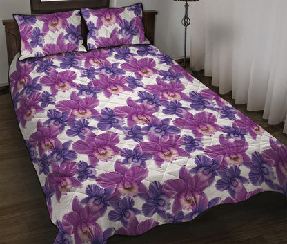 Purple Orchid Flower Pattern Print Quilt Bed Set