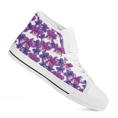 Purple Orchid Flower Pattern Print White High Top Shoes