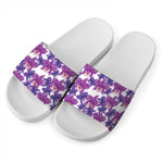 Purple Orchid Flower Pattern Print White Slide Sandals