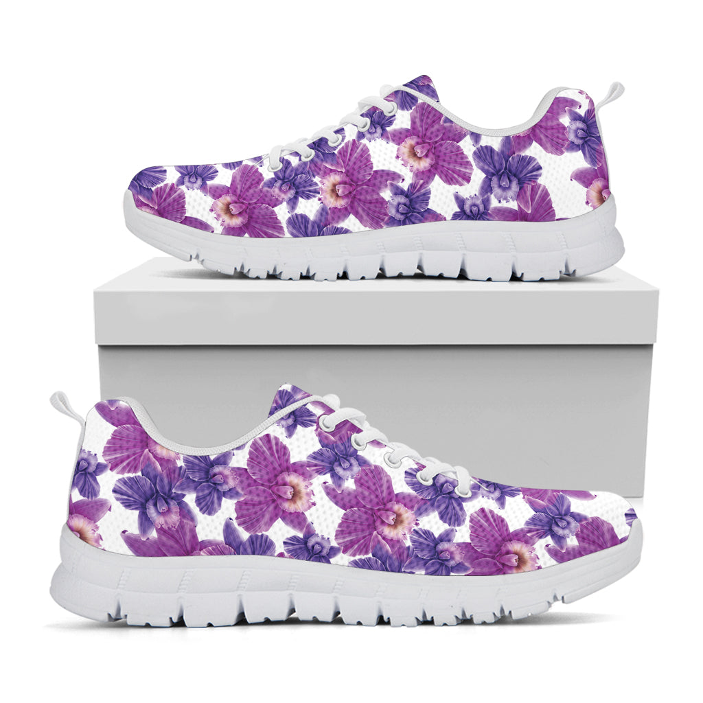 Purple Orchid Flower Pattern Print White Sneakers