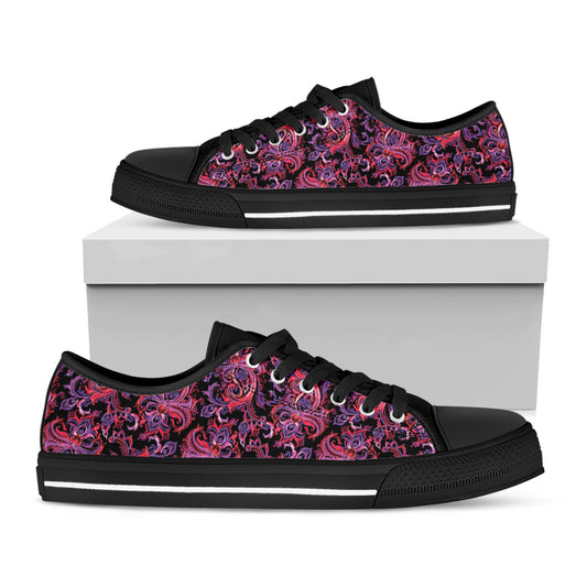 Purple Paisley Pattern Print Black Low Top Shoes