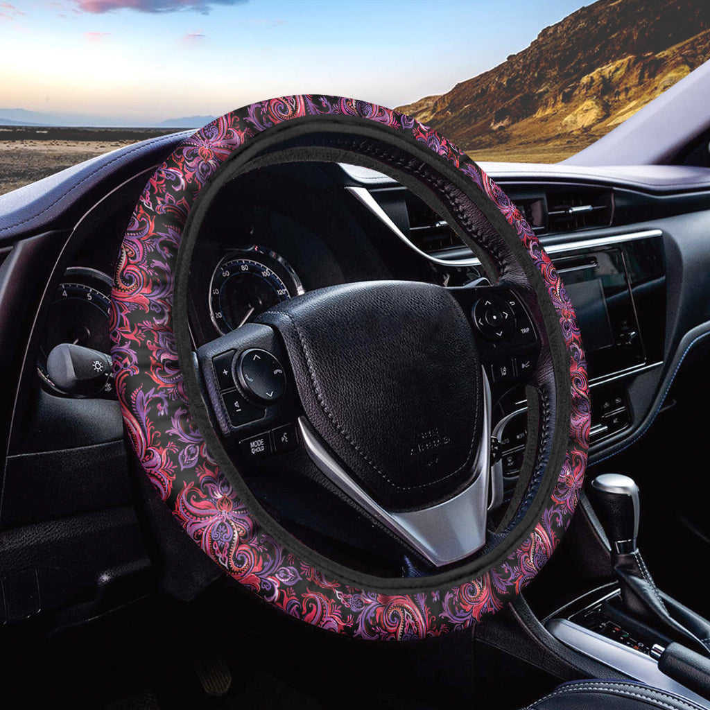 Purple Paisley Pattern Print Car Steering Wheel Cover