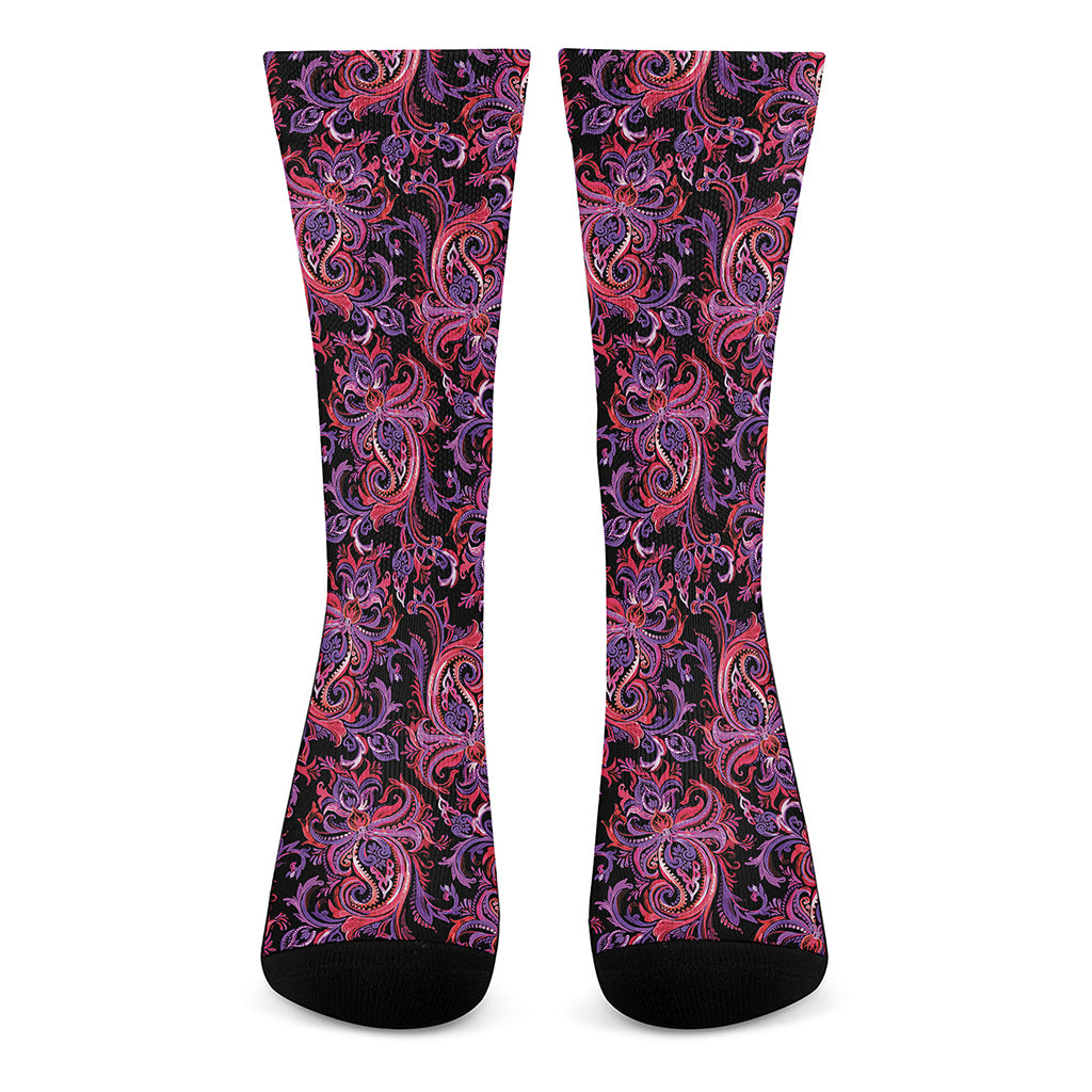 Purple Paisley Pattern Print Crew Socks