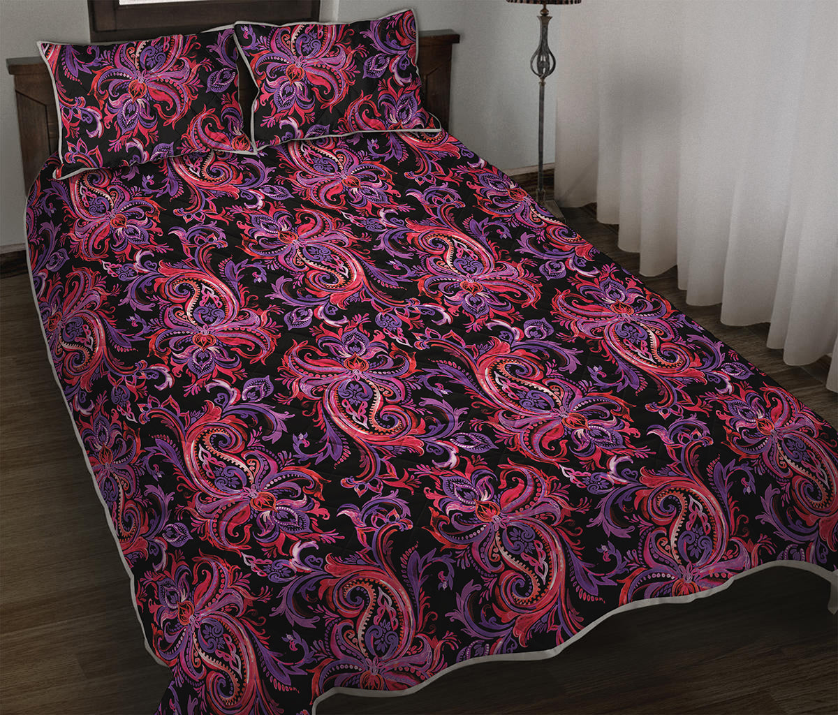 Purple Paisley Pattern Print Quilt Bed Set