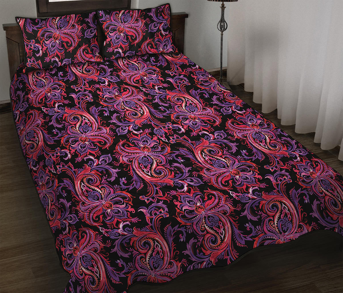 Purple Paisley Pattern Print Quilt Bed Set