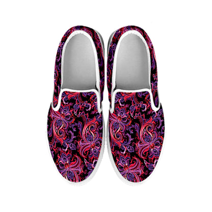 Purple Paisley Pattern Print White Slip On Shoes
