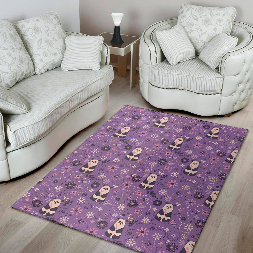 Purple Panda And Flower Pattern Print Area Rug