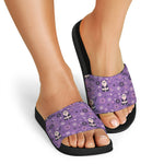 Purple Panda And Flower Pattern Print Black Slide Sandals