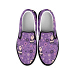 Purple Panda And Flower Pattern Print Black Slip On Shoes
