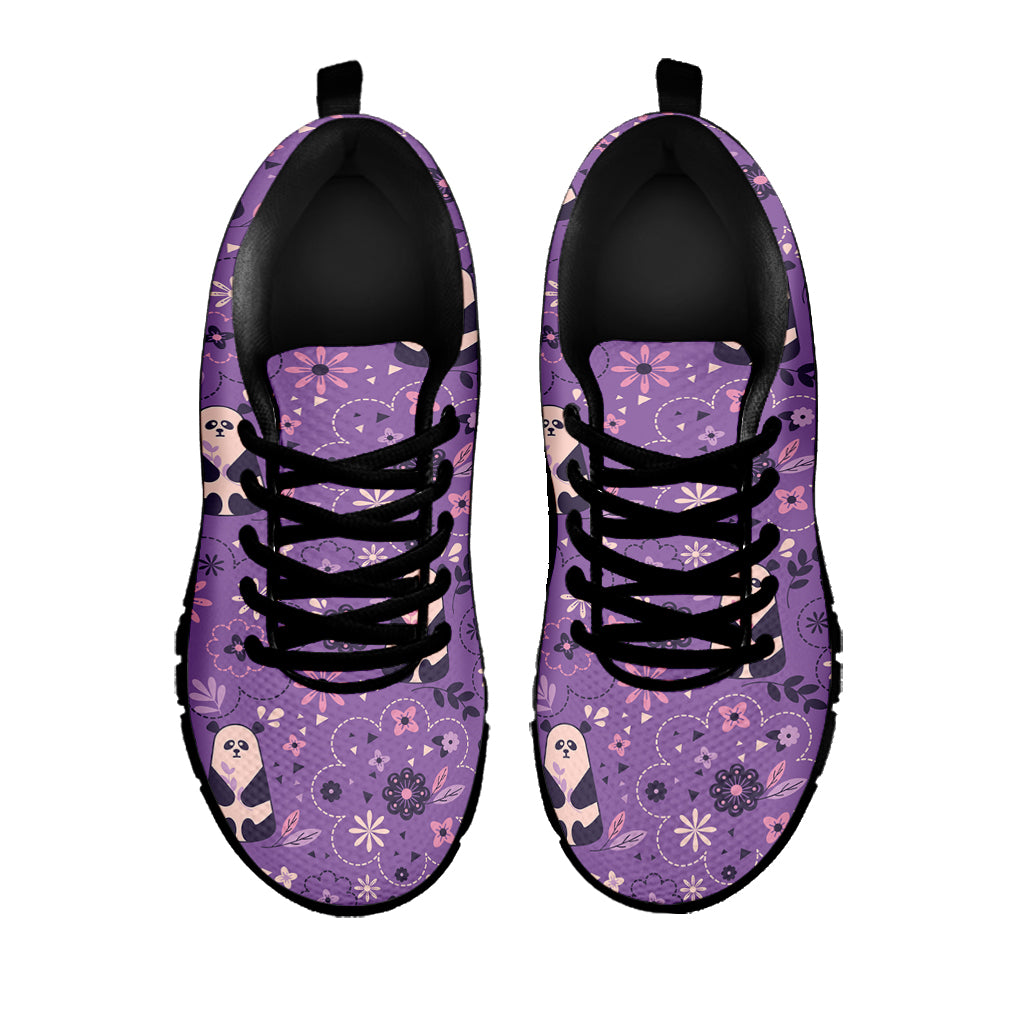 Purple Panda And Flower Pattern Print Black Sneakers