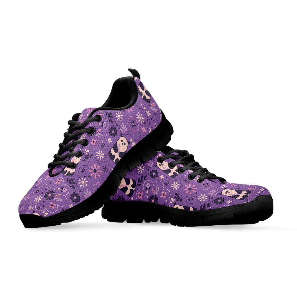 Purple Panda And Flower Pattern Print Black Sneakers