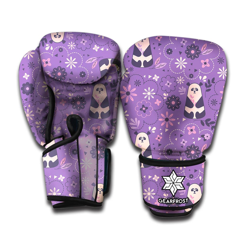 Purple Panda And Flower Pattern Print Boxing Gloves