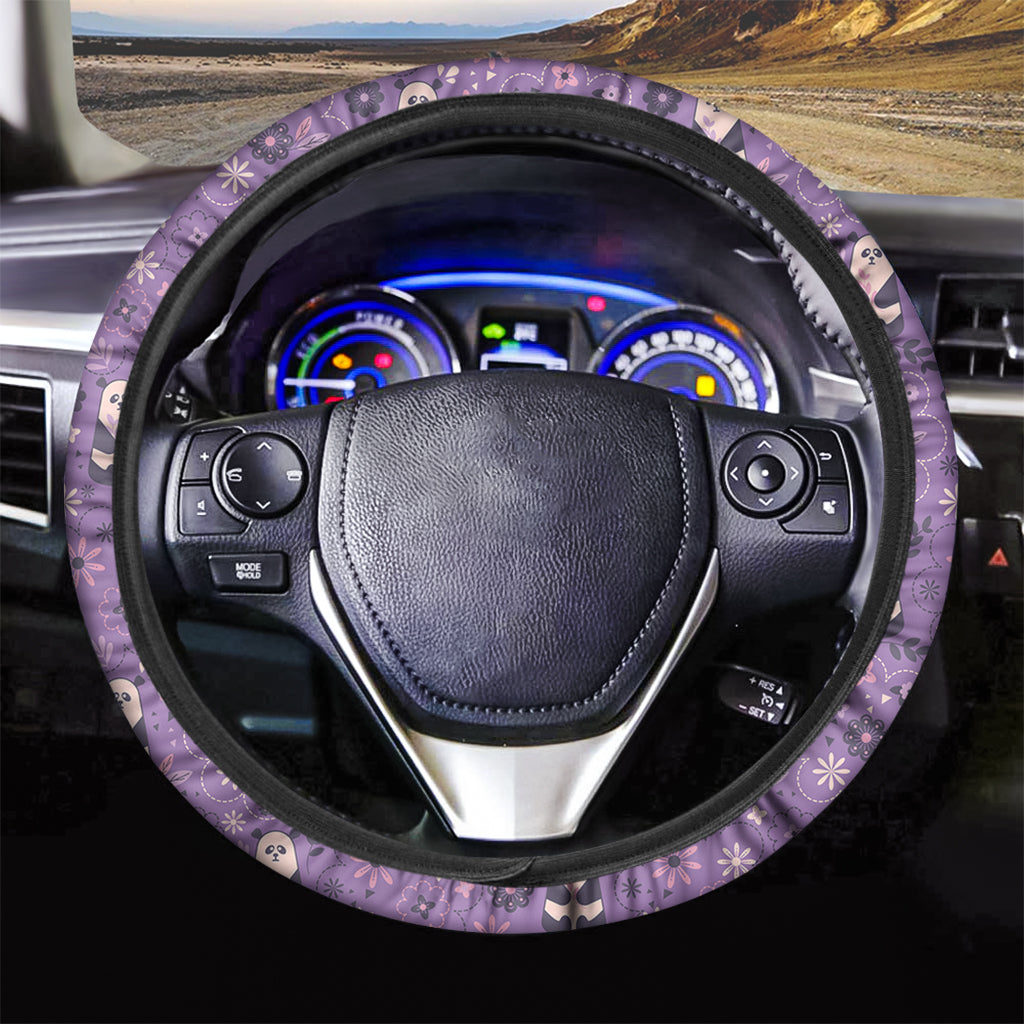 Purple Panda And Flower Pattern Print Car Steering Wheel Cover