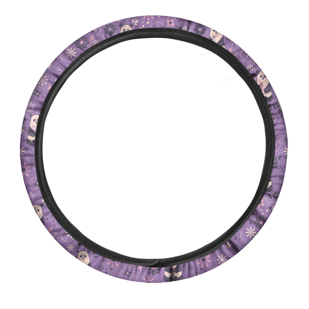 Purple Panda And Flower Pattern Print Car Steering Wheel Cover