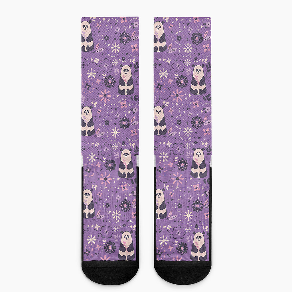Purple Panda And Flower Pattern Print Crew Socks