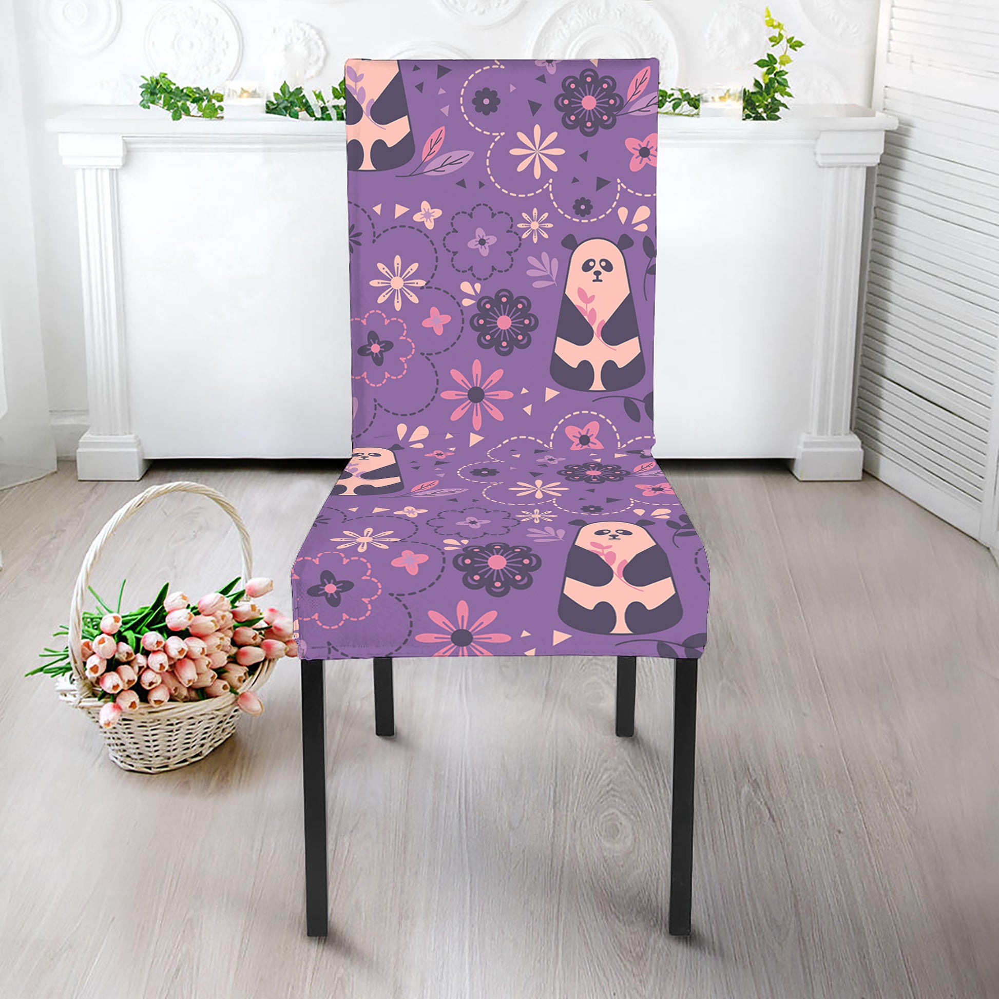 Purple Panda And Flower Pattern Print Dining Chair Slipcover