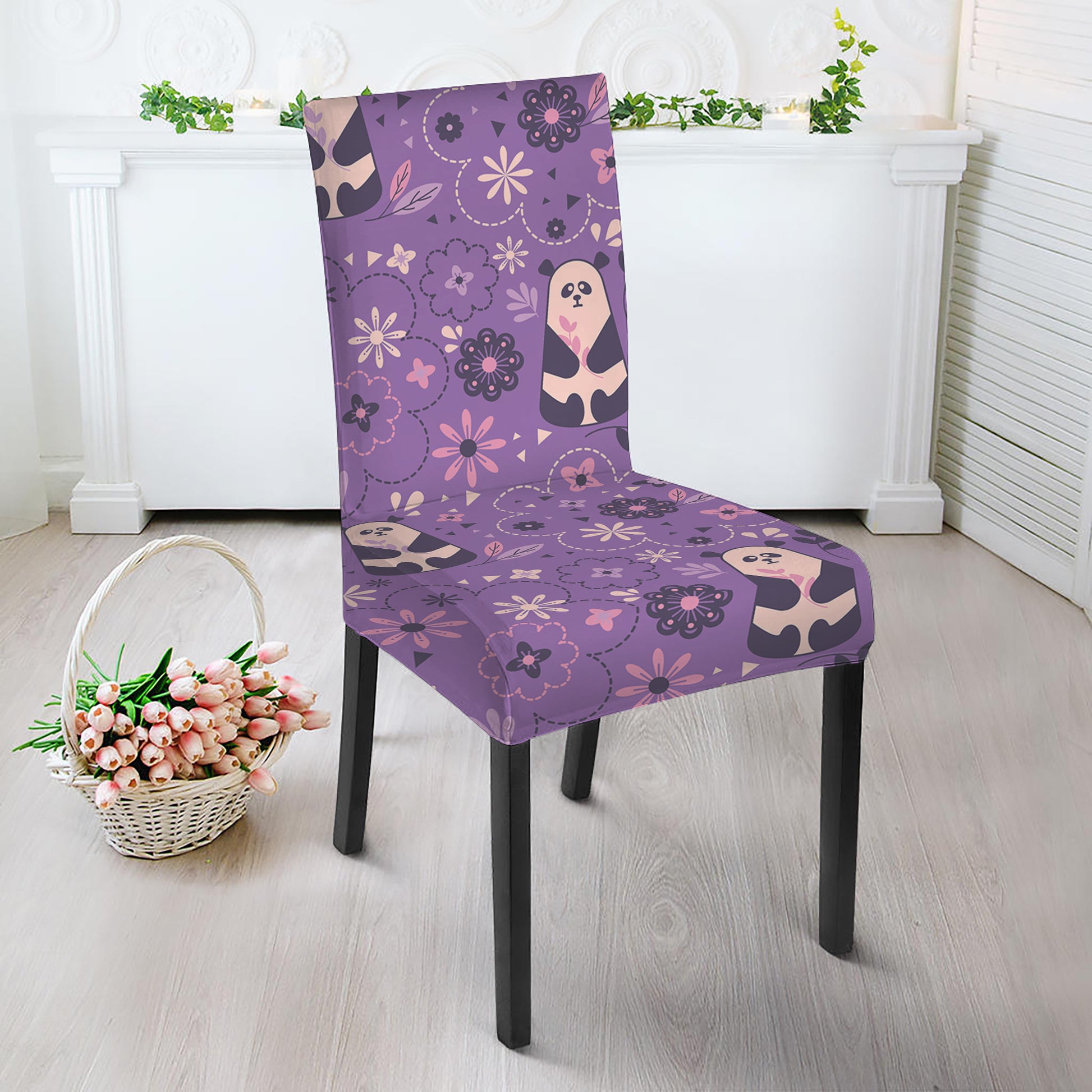 Purple Panda And Flower Pattern Print Dining Chair Slipcover
