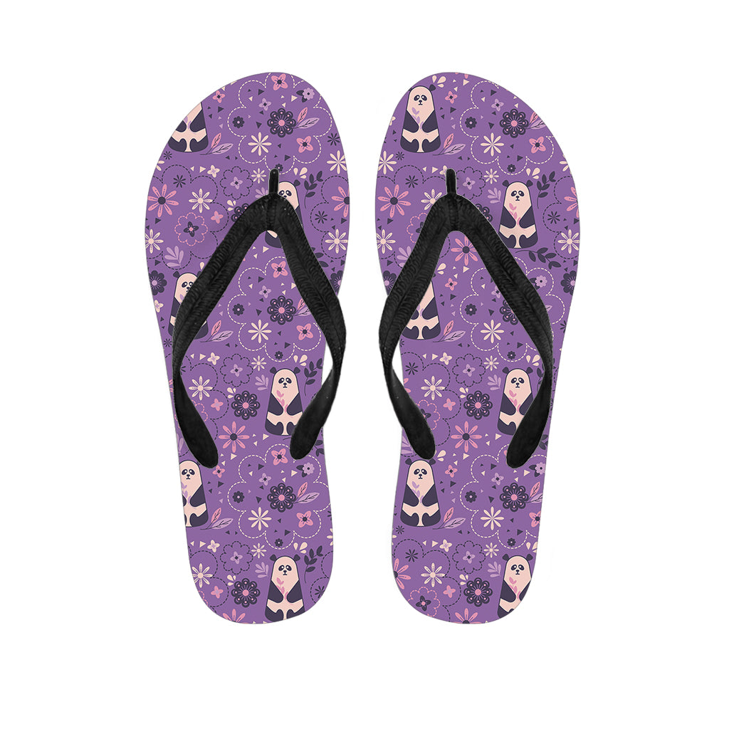 Purple Panda And Flower Pattern Print Flip Flops