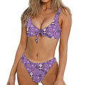 Purple Panda And Flower Pattern Print Front Bow Tie Bikini