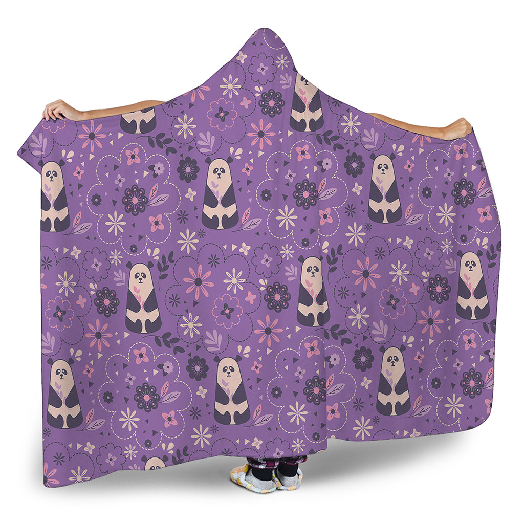 Purple Panda And Flower Pattern Print Hooded Blanket