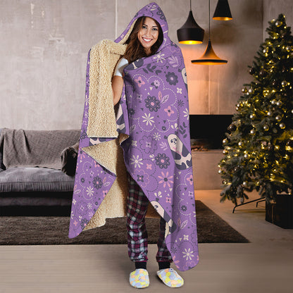 Purple Panda And Flower Pattern Print Hooded Blanket