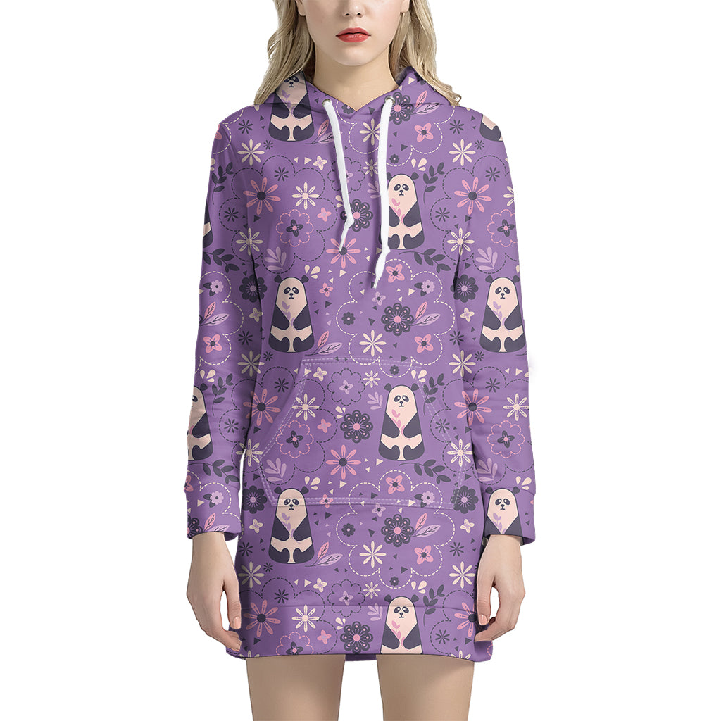 Purple Panda And Flower Pattern Print Hoodie Dress