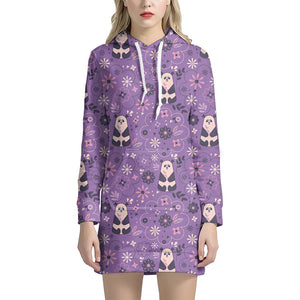Purple Panda And Flower Pattern Print Hoodie Dress