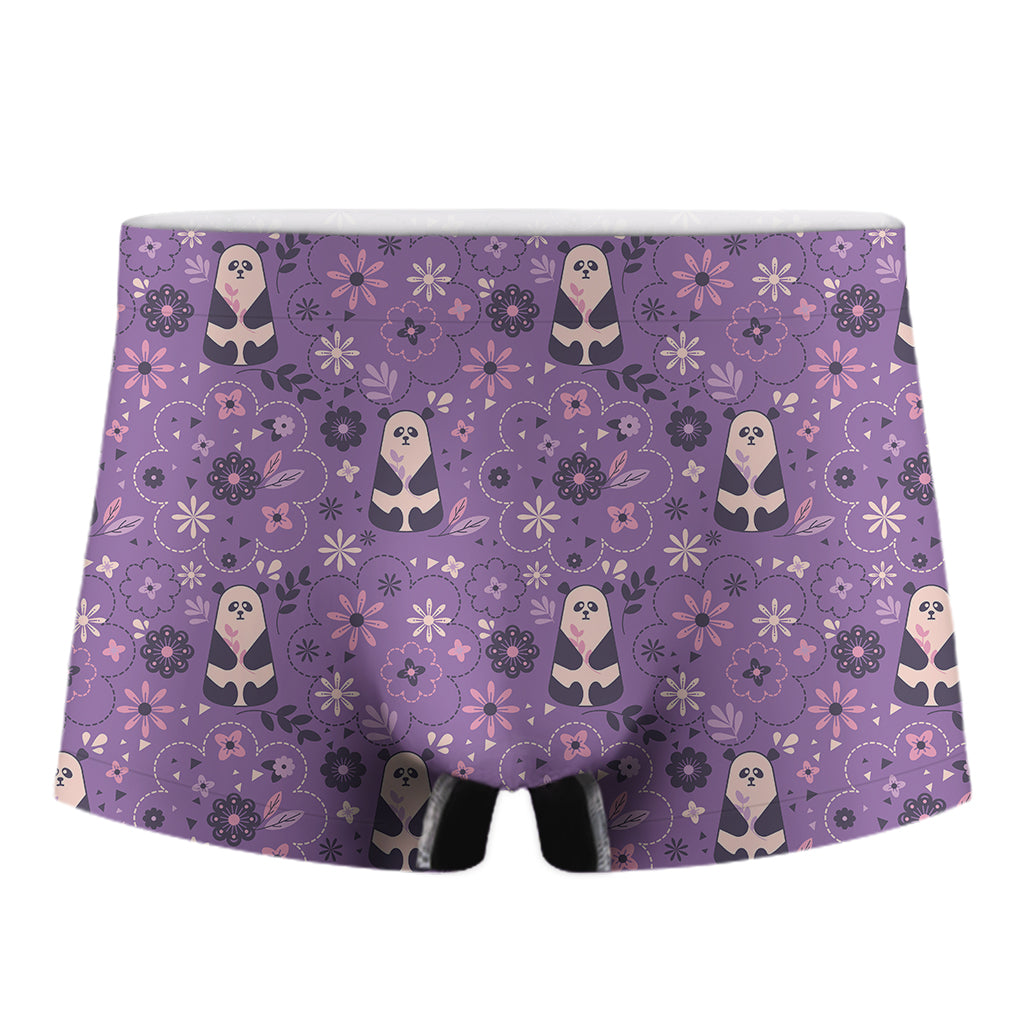 Purple Panda And Flower Pattern Print Men's Boxer Briefs