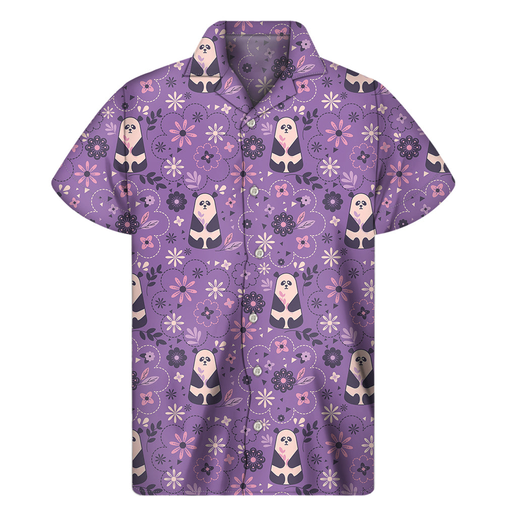 Purple Panda And Flower Pattern Print Men's Short Sleeve Shirt