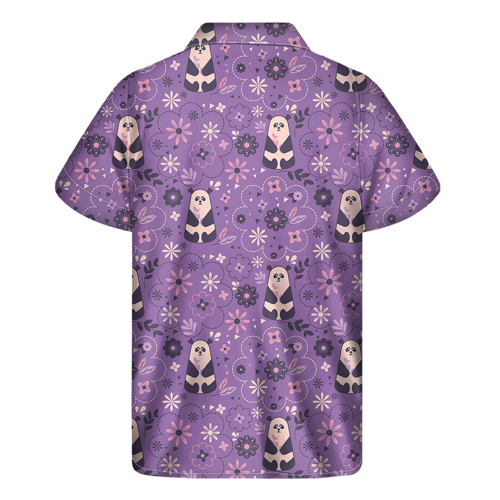 Purple Panda And Flower Pattern Print Men's Short Sleeve Shirt