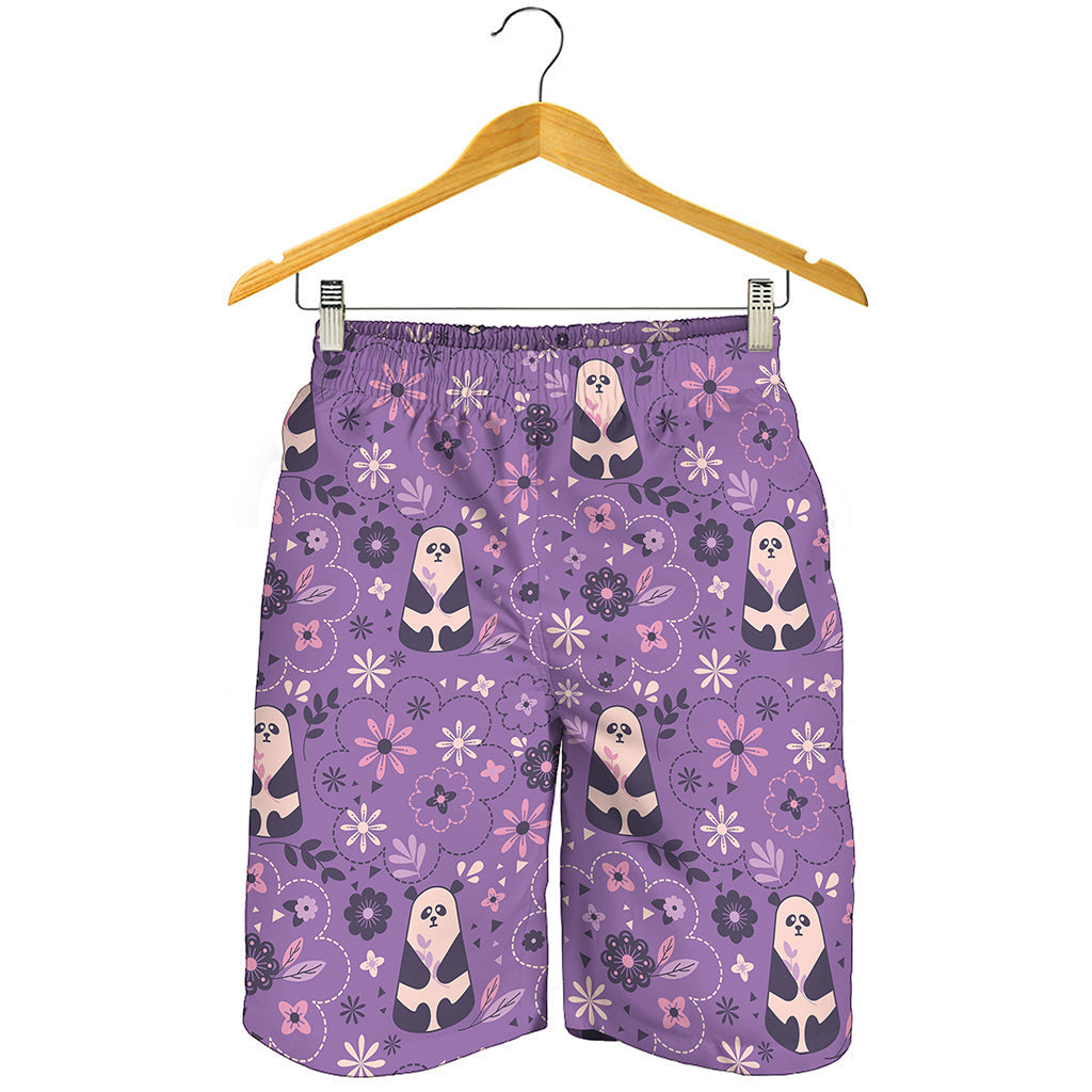 Purple Panda And Flower Pattern Print Men's Shorts