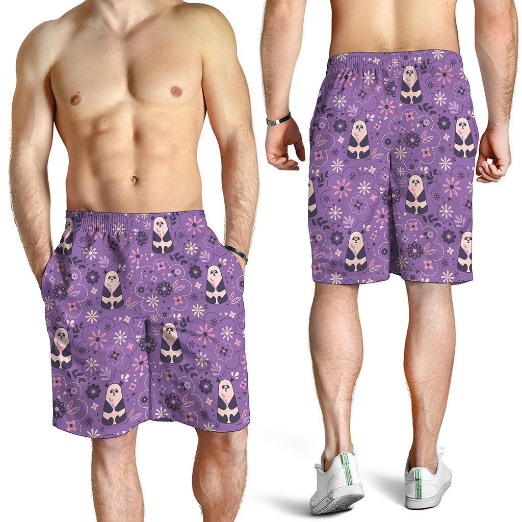 Purple Panda And Flower Pattern Print Men's Shorts
