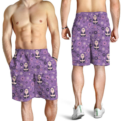 Purple Panda And Flower Pattern Print Men's Shorts