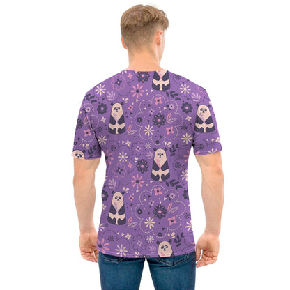 Purple Panda And Flower Pattern Print Men's T-Shirt