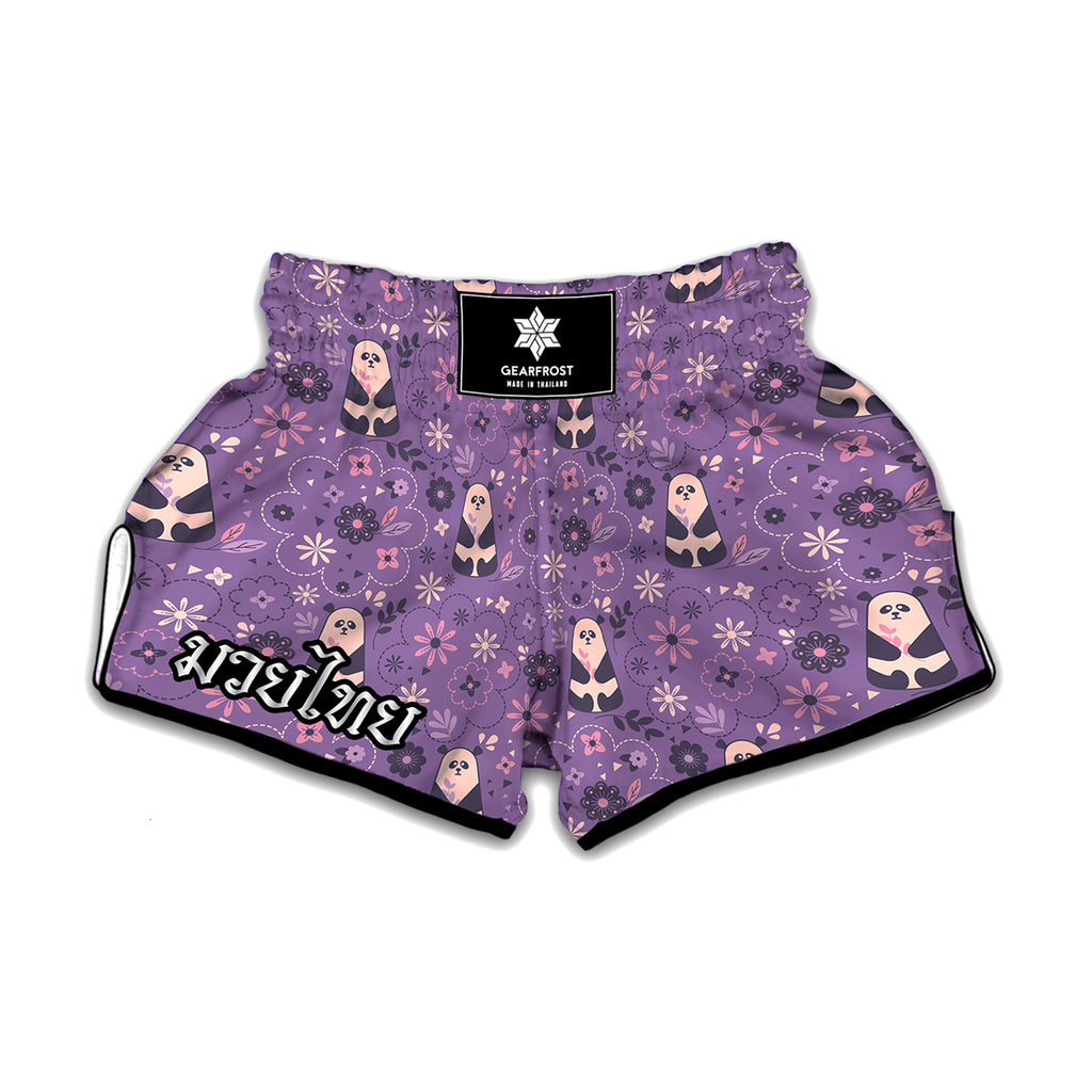 Purple Panda And Flower Pattern Print Muay Thai Boxing Shorts