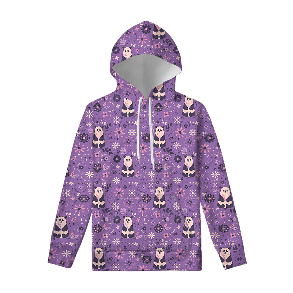 Purple Panda And Flower Pattern Print Pullover Hoodie