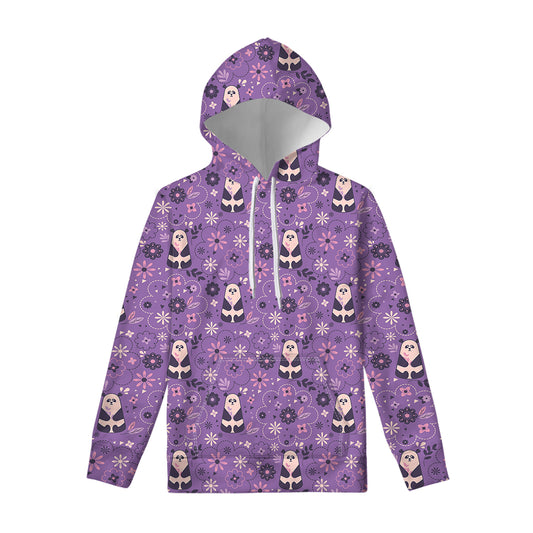 Purple Panda And Flower Pattern Print Pullover Hoodie