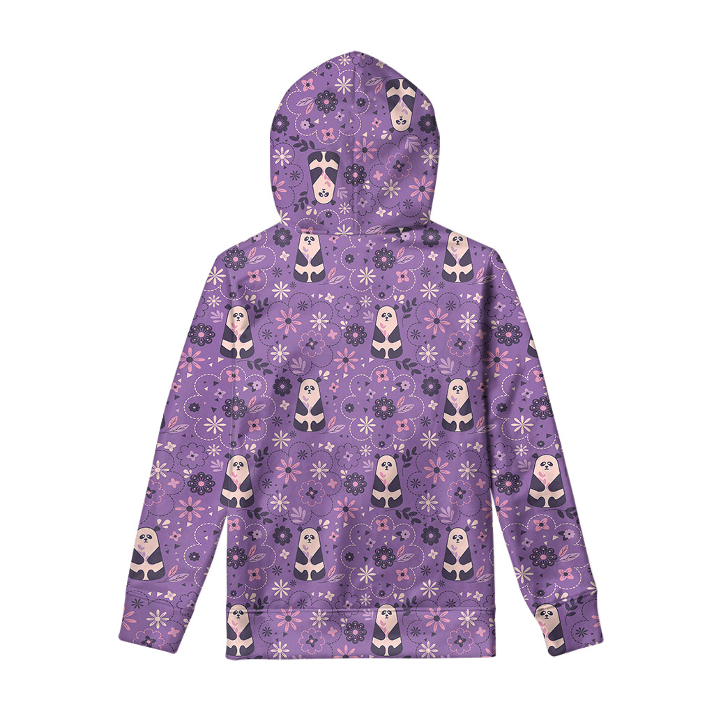 Purple Panda And Flower Pattern Print Pullover Hoodie