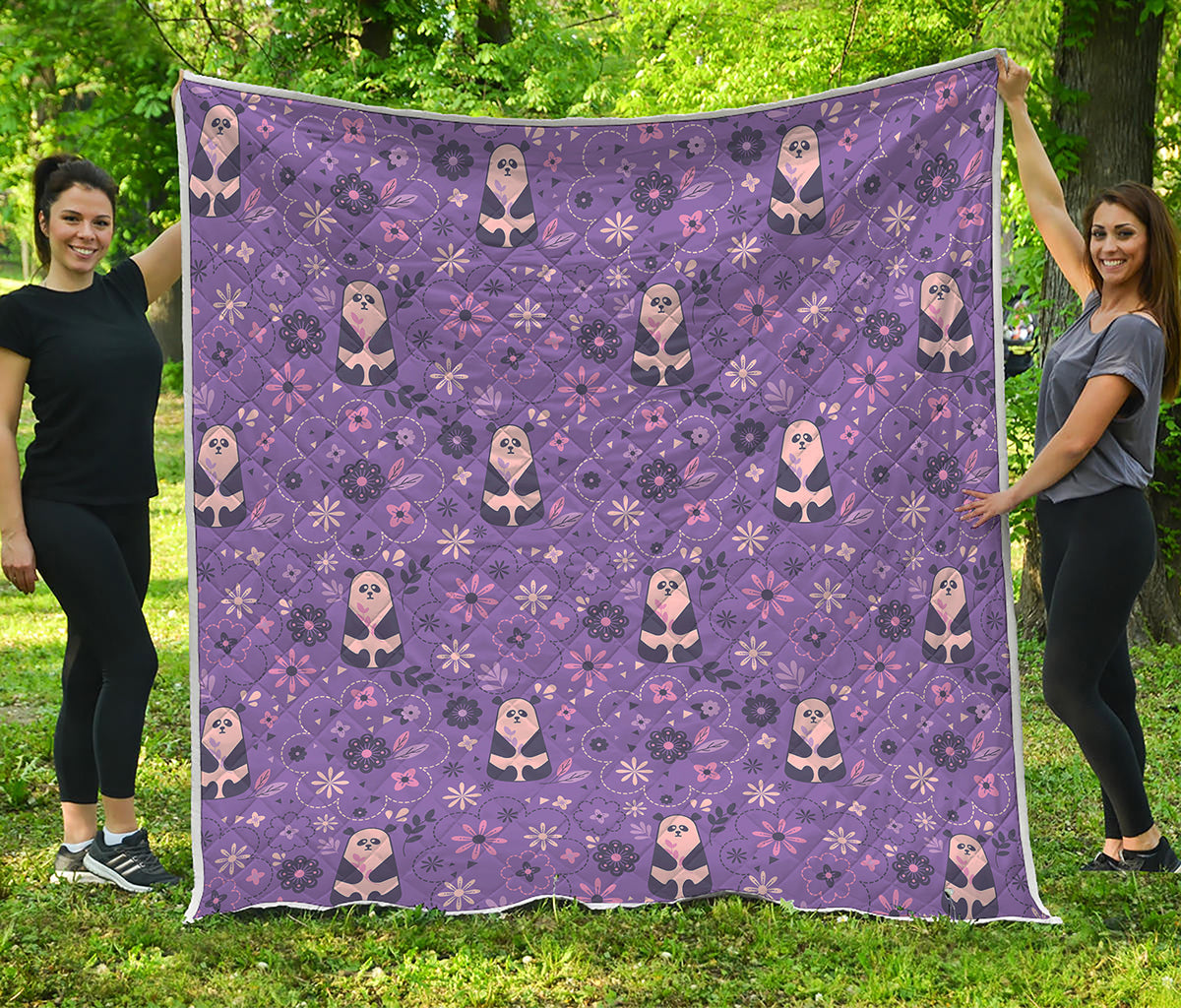 Purple Panda And Flower Pattern Print Quilt