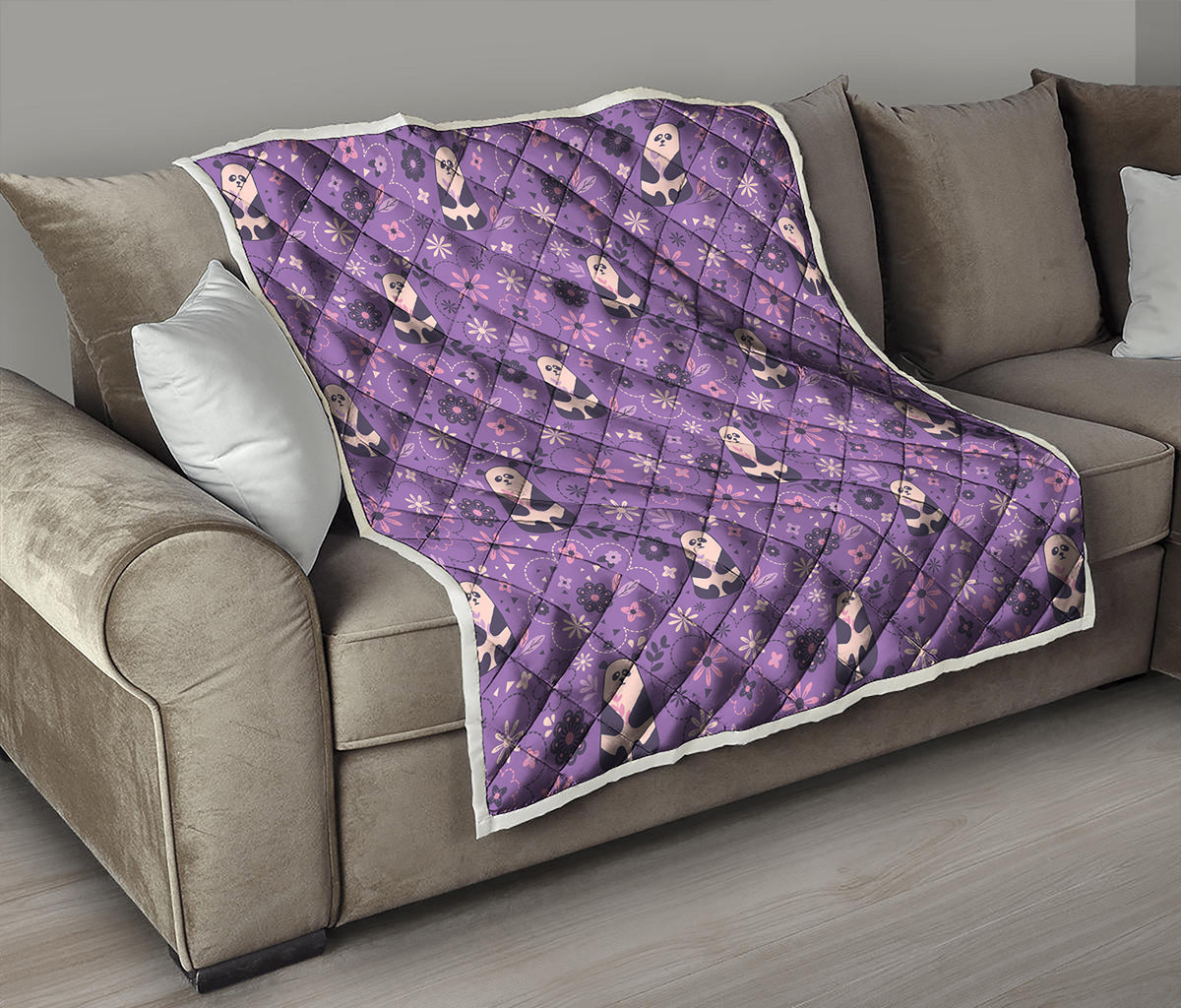 Purple Panda And Flower Pattern Print Quilt